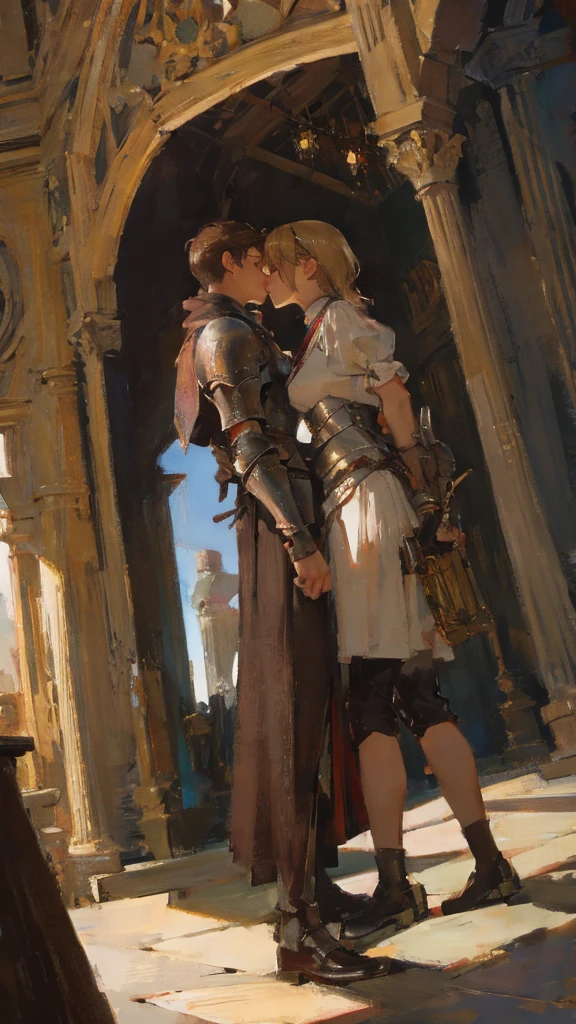 two armed knights kissing each other, in a maze