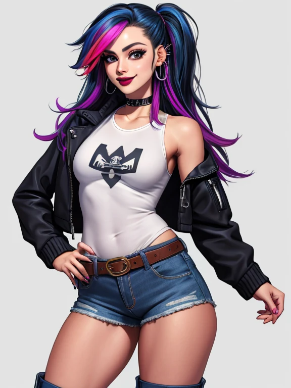(absurdres, 8k, 4k, masterpiece, hyper extreme detailed:1.2), solo, 1girl, front view, perfect face, 1girl, portrait, expressive eyes, solo, standing, amazingly beautiful age girl, 16 yrfect hands, pale skin, friendly, excited, punk rock, Long Hair, Multicolored Hair, black choker, black lipstick, Piercings, Ear Piercings, Nose Piercings, small breasts, smile, half body, perfect anatomy, anatomically correct, cowboy shot, no background, empty background, covered chest, white background, exposed shoulder, graphic t-shirt, white shirt, jacket tied to waist, jean shorts, boots