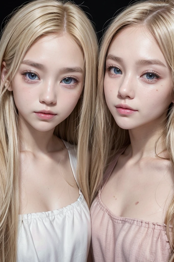 two beautiful white twin sisters slanted eyes Asian face beautiful mouth one has long blonde hair and the other has blonde hair with pink streaks their eyes are light brown they are white one has a mole on her forehead the other has a mole on her cheek