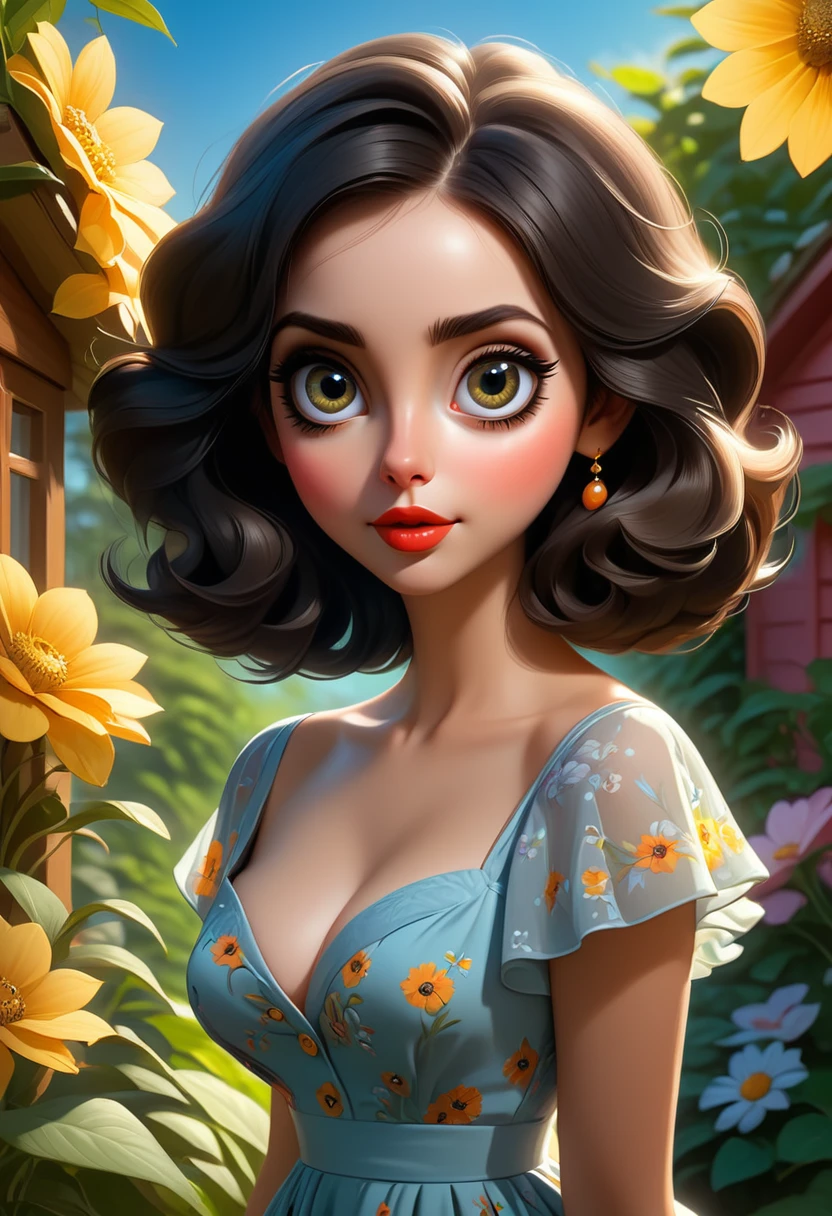 Adorable, Woman,big-eyed woman, round face. promenent lips. Smileing,In the garden,Her hands are behind her...., , large ass, wearing a cute sun dress. Picture from the side,looking at the scenes, intense colors, Very valuable details, complex details, volumetric lighting, digital art, 8k, trending on Artstation, Clear focus, complex details, highly detail, Greg Rutkowski Big Eyes, high-resolution, Black hair. Alison Brie