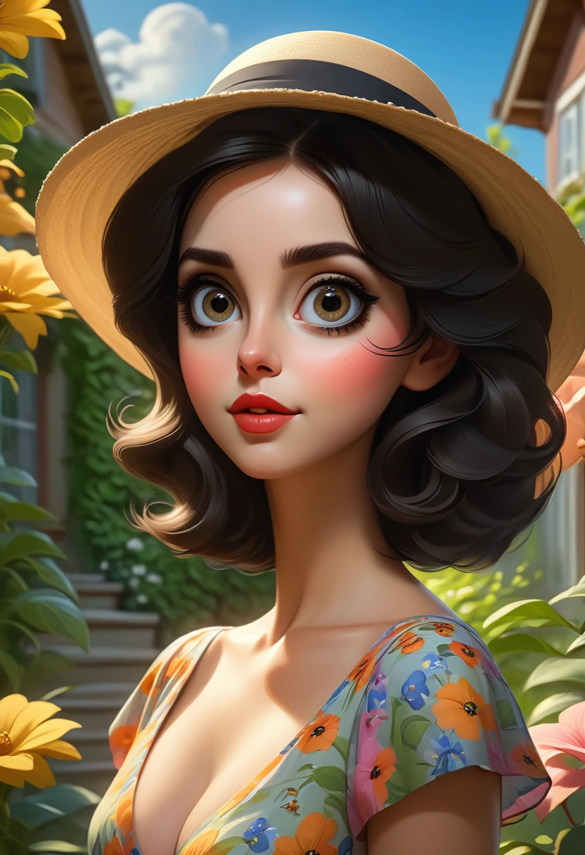 Adorable, Woman,big-eyed woman, round face. promenent lips. Smileing,In the garden,Her hands are behind her...., , large ass, wearing a cute sun dress. Picture from the side,looking at the scenes, intense colors, Very valuable details, complex details, volumetric lighting, digital art, 8k, trending on Artstation, Clear focus, complex details, highly detail, Greg Rutkowski Big Eyes, high-resolution, Black hair. Alison Brie