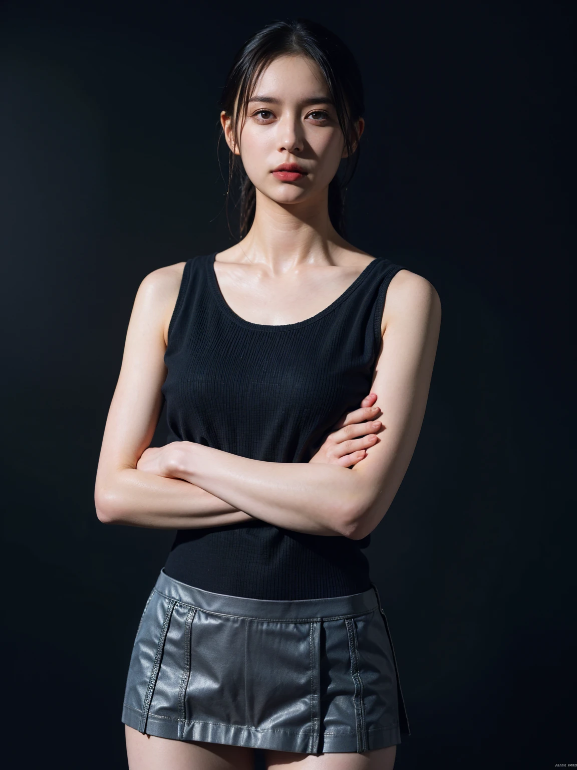 1girl, woman, masterpiece, best quality, highest quality, cinematic lighting, (volumetric lighting), extremely detailed CG unity 8k wallpaper, focused, 8k wallpaper, extremely detailed, ultra realistic, photorealistic, sharp focus, absurdres, (HDR:1.2), (high contrast), photograph, detailed and intricate, instagram, portrait, highly detailed, digital painting, artstation, concept art, smooth, sharp focus, illustration, cinematic lighting, (natural big breast), black short skirt, eyes looking at the viewer, (very skinny legs), ((slender body)), skinny, (((height 170cm))), (HQ skin: 1.4, Realistic human body structure), (((standing with crossed arms))), full body:1.3, (wearing knit tank top, short skirt), (((medium shoulder)))