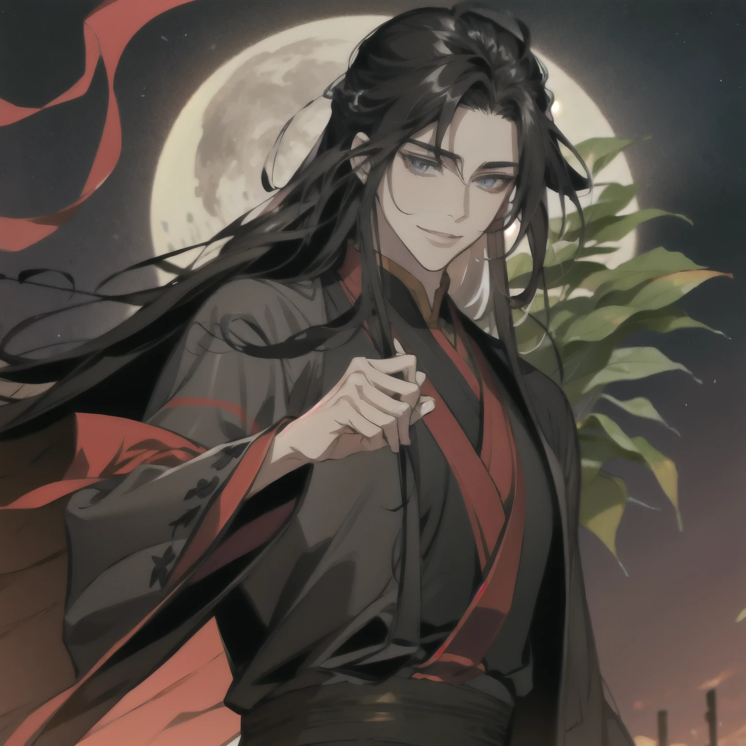 (masterpiece, best quality:1.2), 1male, solo, wei wuxian, mo dao zu shi, mdzs, black clothes, grey eyes, long black hair, perfect anatomy, smile