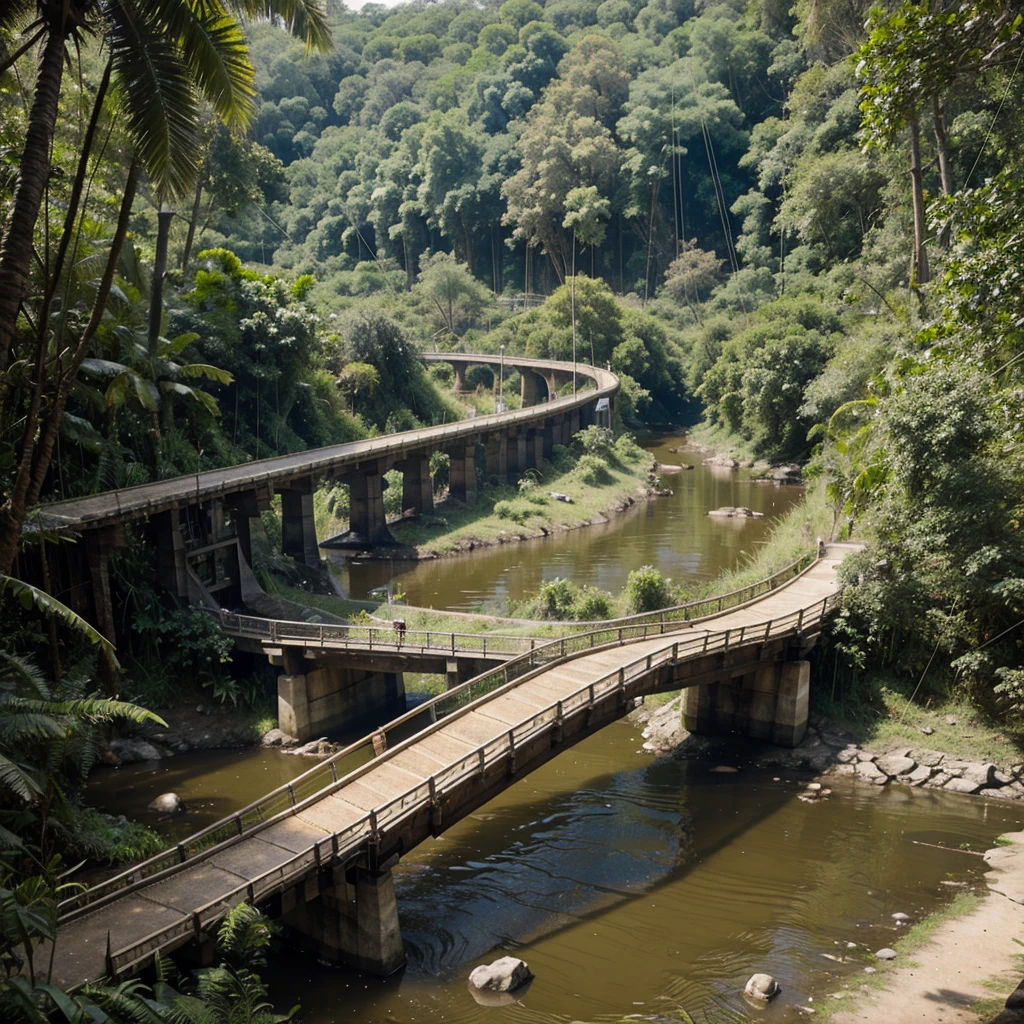 A model of a bridge on a real scale for a problem in the jungle where a river crosses, the bridge has tension with ropes above and a single pillar 