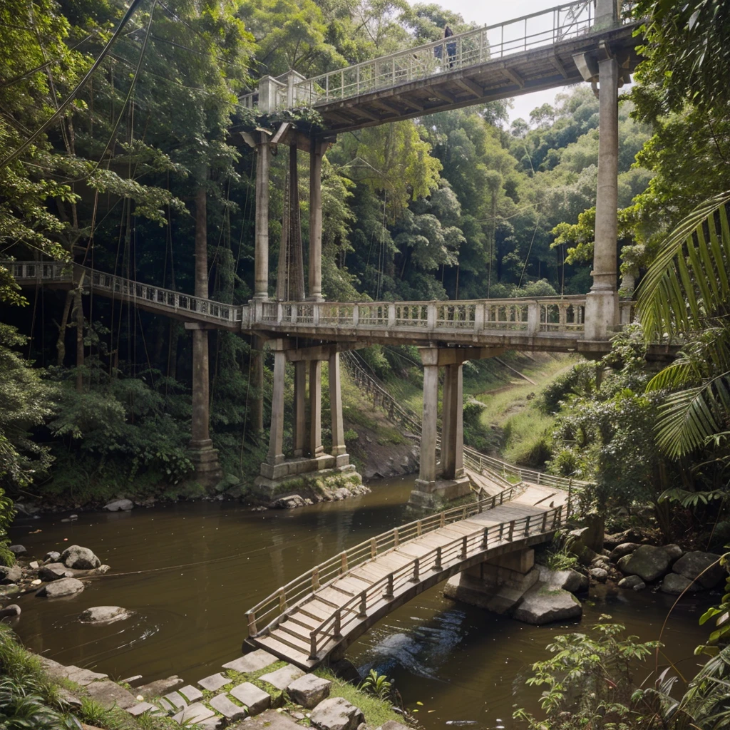 A model of a bridge on a real scale for a problem in the jungle where a river crosses, the bridge has tension with ropes above and a single pillar