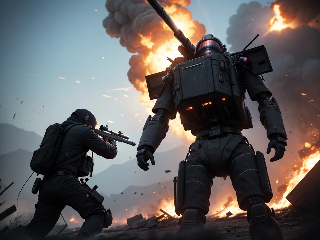 A sniper in an mech-suit with an overly large sniper rifle taking shots at enemies in the distance. you can see the destruction caused by the sniper, explosions, smoke billowing off in the distance. High tech rifle, high tech exo suit