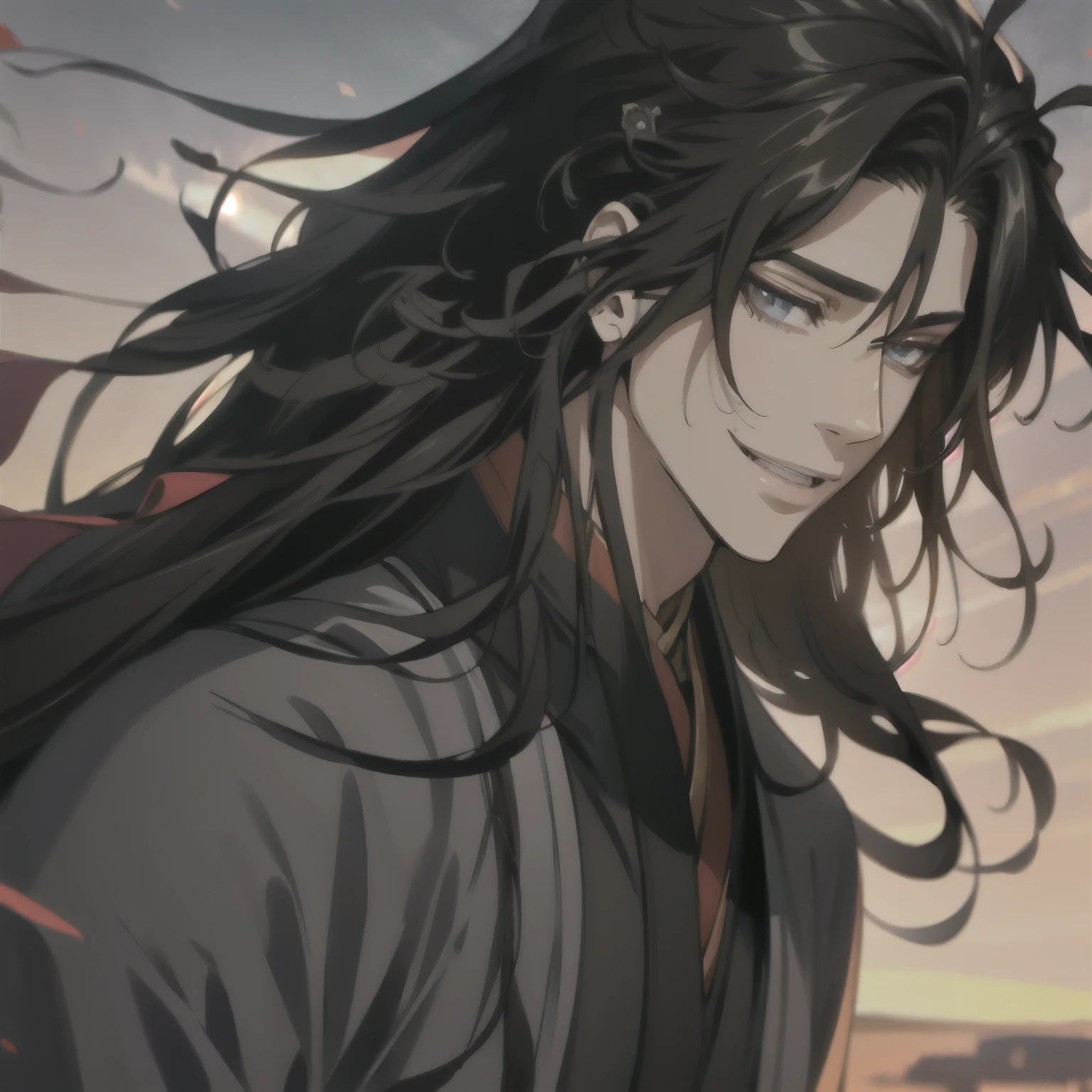 (masterpiece, best quality:1.2), 1male, solo, wei wuxian, mo dao zu shi, mdzs, black clothes, grey eyes, long black hair, perfect anatomy, smile