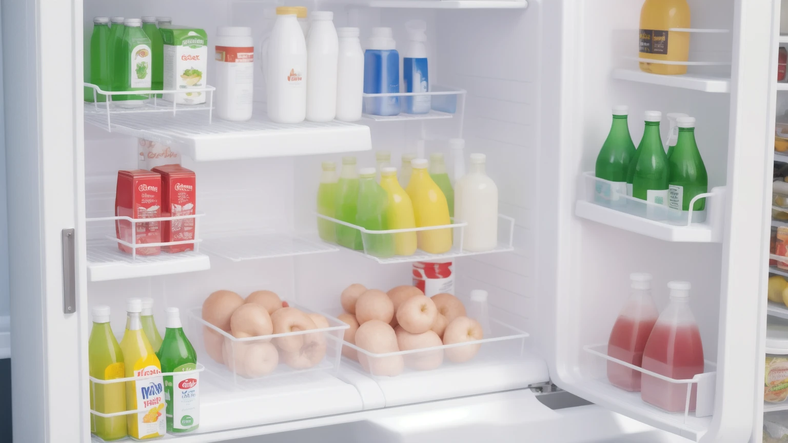 Outdoor refrigerator, shelves with products on the doors, Realistic style, realistic texture, bright lighting, high quality, Multiple light sources, high detail 