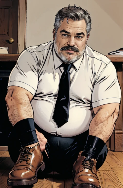 (handsome mature man plump chubby morbid extremely thick thighs bulging belly fat), older man, gray hair, white man, ( wearing,boots,stubble,police chief,bage,beard,old man,indoors,necktie,sitting,spread legs,), bulge, detailed glade on clothing, (fat and corpulent: 1.3), full beard very long, looking at the viewer, handsome man, detailed eyes, symmetrical face, mischievous smile, robust, mustache, longer hair, his body is lying sideways on the floor, front view. Fotografia dinâmica 