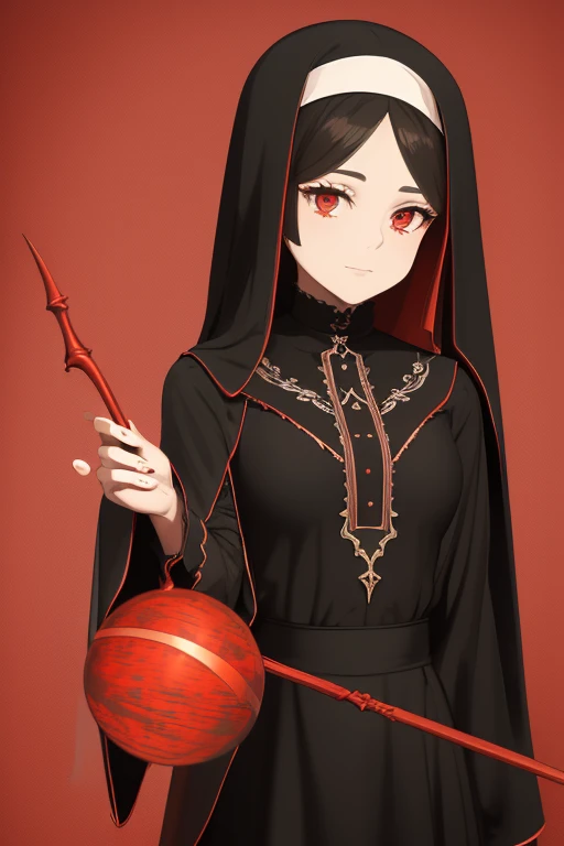 Zoe Benson from American Horror Story 20s Vampire long curly hair vintage pointy ears red eyes Gothic nun clothing black vintage decorations Steampunk holding a staff with a sphere of blood looking directly at the viewer red background