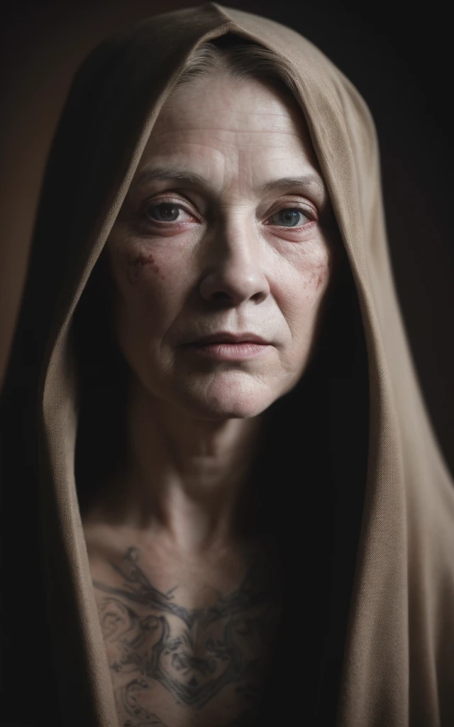 (editorial photograph of a (500 years old woman:1.3)), (highly detailed face:1.4) (smile:0.7) (background inside dark, moody, private study:1.3), dark background, by lee jeffries, nikon d850, film stock photography, 4 kodak portra 400 ,camera f1.6 lens, rich colors, hyper realistic, lifelike texture, dramatic lighting, cinestill 800, messy hair, serious, (tattooes:].4), pale skin, cute sexy, naked, medium breasts, natural skin pores, veiled dressed, mistery. [8K, Best Quality, Masterpiece, Ultra High Resolution, (highly detailed CG unity 8k wallpaper), (best illustration), (best shadows), isometric 3D, octane rendering, ray tracing, highly detailed, (wide panoramic view: 1.1), (Best quality, 4K, 8 k, A high resolution, masterpiece:1.2), absurdity, masterpiece, ultra detailed, (realistic, photorealistic, photorealistic:1.37), hairs, complex parts, HDR, (complex parts:1.12), (hyper detailed, hyper realistic, Soft lighting, spicy:1.2), beautiful figure, Magnificent Anatomy, (complex part, Hyper detailed:1.15). Blurred foreground., (backlit), realistic, masterpiece, high quality, brightness, chromatic aberration, by Jeremy Lipking, 8k uhd, smoke, shadows, contrast, clear sky, looking_at_viewer, (warm hue, warm tone), high details, natural skin pores].