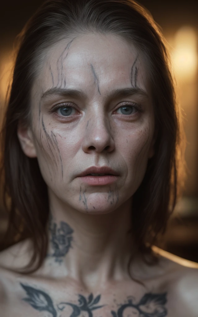(editorial photograph of a (500 years old woman:1.3)), (highly detailed face:1.4) (smile:0.7) (background inside dark, moody, private study:1.3), dark background, by lee jeffries, nikon d850, film stock photography, 4 kodak portra 400 ,camera f1.6 lens, rich colors, hyper realistic, lifelike texture, dramatic lighting, cinestill 800, messy hair, serious, (tattooes:].4), pale skin, cute sexy, naked, medium breasts, natural skin pores, veiled dressed, mistery. [8K, Best Quality, Masterpiece, Ultra High Resolution, (highly detailed CG unity 8k wallpaper), (best illustration), (best shadows), isometric 3D, octane rendering, ray tracing, highly detailed, (wide panoramic view: 1.1), (Best quality, 4K, 8 k, A high resolution, masterpiece:1.2), absurdity, masterpiece, ultra detailed, (realistic, photorealistic, photorealistic:1.37), hairs, complex parts, HDR, (complex parts:1.12), (hyper detailed, hyper realistic, Soft lighting, spicy:1.2), beautiful figure, Magnificent ???????, (complex part, Hyper detailed:1.15). Blurred foreground., (backlit), realistic, masterpiece, high quality, brightness, chromatic aberration, by Jeremy Lipking, 8k uhd, smoke, shadows, contrast, clear sky, looking_at_viewer, (warm hue, warm tone), high details, natural skin pores].