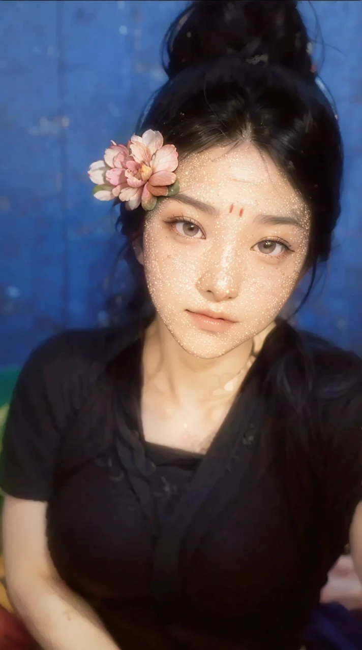 (RAW photo, best quality), (realistic, photo-realistic:1.3),best quality,highly detailed,masterpiece,ultra-detailed,illustration,1girl,upper_body,dynamic angle,world masterpiece theater,messy_long_hair,best quality,extremely detailed CG unity 8k wallpaper,ink,Amazing,cinematic lighting,lens_flare, dunhuang_style