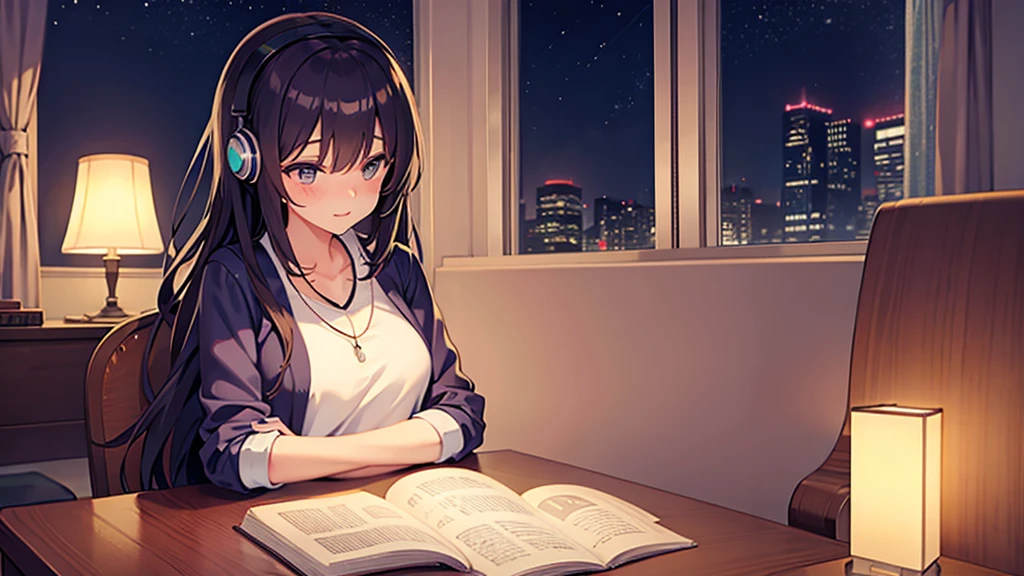 Beautiful girl studying while listening to music with headphones in her room at night You can see the night view outside the window. warm atmosphere Japanese anime style