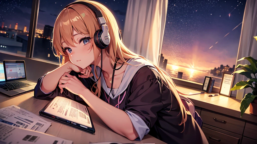 Beautiful girl studying while listening to music with headphones in her room at night You can see the night view outside the window. warm atmosphere Japanese anime style
