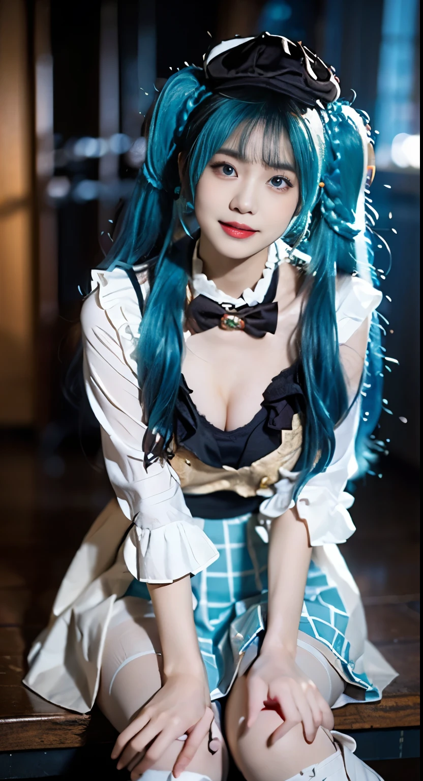 hatsune miku cosplay costume, hatsune miku, cosplay, aqua hair, twintails, very long hair, braid, capelet, long sleeves, skirt, pleated skirt, plaid, frills, bowtie, bow, hat, jewelry, brooch, thigh strap, pantyhose, white pantyhose, white boots ((Full breasts)), ((The skirt is short)), ((Sexy legs)), ((whole body)), ((I-type Valley)), ((Visible cleavage)), Practical, Fashion Girl, Red lips, Mature women, Exquisite makeup, big eyes, beautiful, (best quality, masterpiece:1.2), Very detailed, (Practical:1.37), ((Random Scenes, Random shooting angle)), ((Sexy long legs)), Young and energetic, Charming model, (Exquisite eyes, Delicate lips), Show a bright smile, Create stunning girl images, warm color, Extremely saturated colors, Official Art, Extremely detailed CG, Unity 8K wallpaper, (High Dynamic Range :1.4), (Movie atmosphere),(Soft colors), (Natural skin texture, ultra-Practical, Soft Light, sharp),(Very detailed), night, moonlight