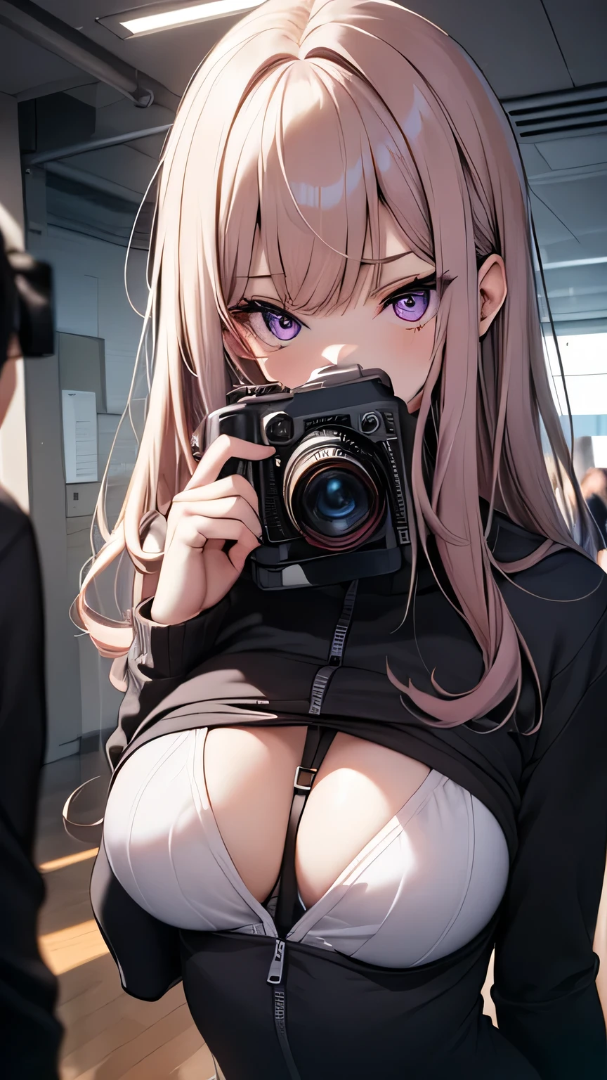 Very detailed CG Unity 8K wallpaper),(masterpiece), (Highest quality), (Very detailed), (Best illustrations),(Best Shadow)、(((Purple eyes and pink beige long hair 1.3)))、(((Cosplay、Random 1.3))）、Aggressive pose、(((Many men with cameras)))、Large Breasts、Embarrassed expression