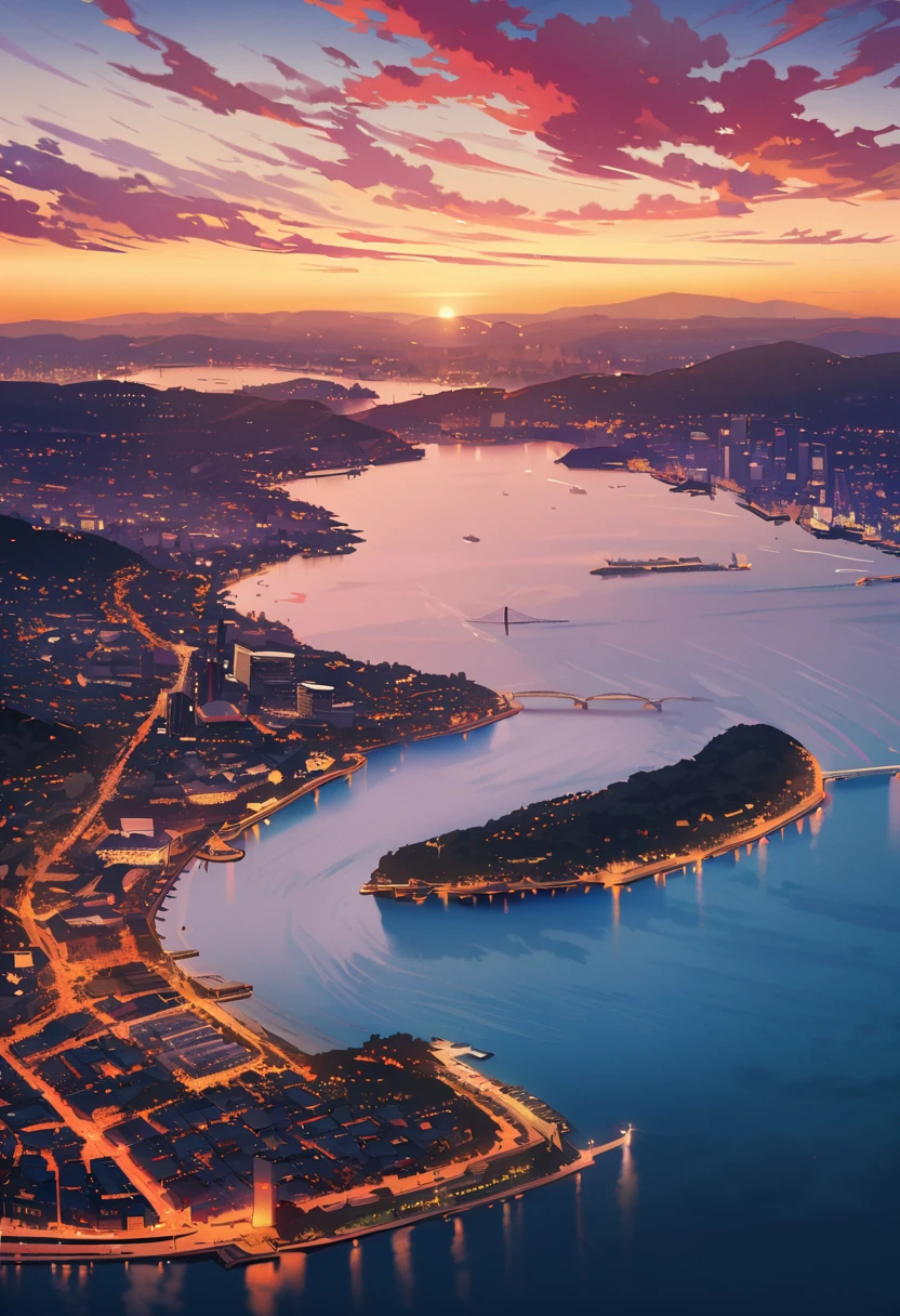 Aerial view of Sydney Harbor at sunrise, with the sky dyed in orange and pink tones. Sunlight begins to reflect on the calm water.
Image style: High Definition (1080 PPI), with warm colors and a light morning mist.