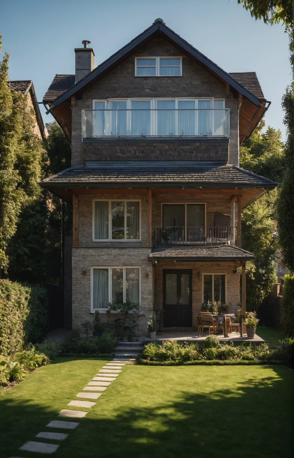 exterior of house,realistic, sunny,RAW photo, 8k uhd, dslr, soft lighting, high quality, film grain, Fujifilm XT3,masterpiece,