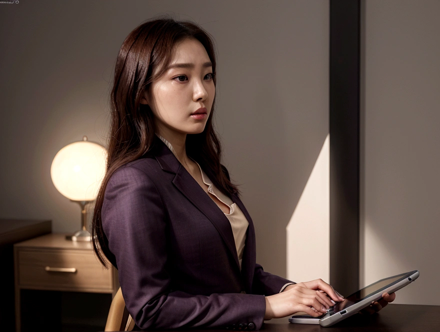 woman in a suit using a tablet computer in a room, working, sun yunjoo, still from a live action movie, park shin hye as a super villain, full device, using a magical tablet, iu lee ji-eun as a super villain, profile pose, [ realistic photo ]!!, shin min jeong, serious business, lazy, elegant look
