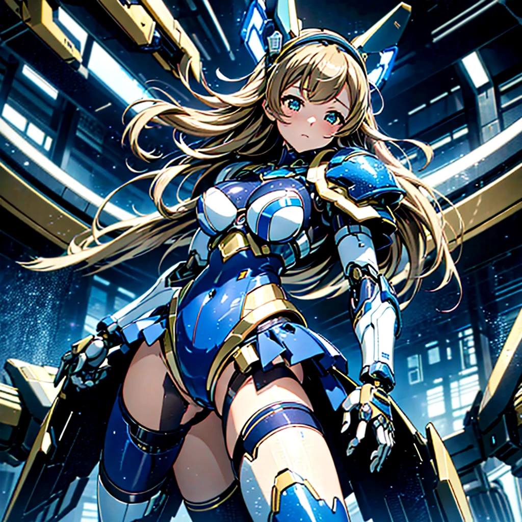 masterpiece, high quality, Cyborgization、Gynoid Cyborg Body、The face is of Minami Kotori.、mechanical parts、Blue and white leotard armor、solo focus、Single image、from front, full body、Mechabare、damage、The body is destroyed, exposing the precision machinery、Barcode on thigh