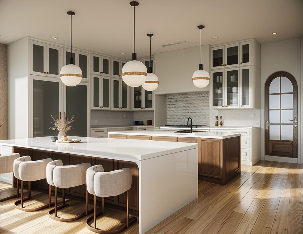 Kitchen design, Super sharp like a photo taken with a professional camera, (Masterpiece, best quality, 8k uhd, dslr, soft light, high quality, super detailed, film grain, Fujifilm XT3, UE 5 8k renders, super high resolution, super detail :1.2), color block wall decoration, abstract poster decoration, glossy floor, (((volumetric lights)))