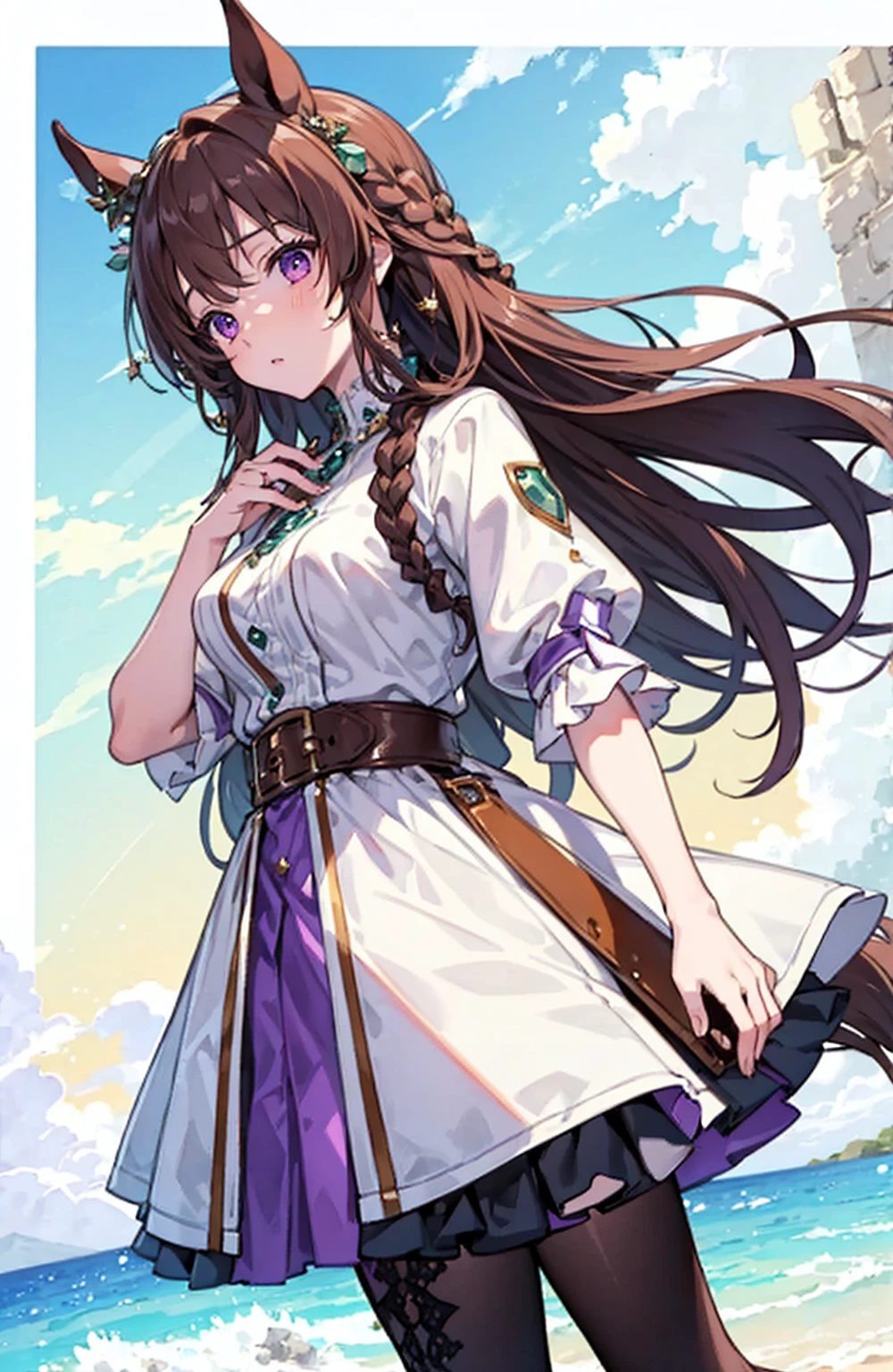 (masterpiece), (best quality), (detailed), Lightweight layer,Brown hair,A beautiful girl,Malta,Horse girl,Second Dimension,Purple Eyes,Manual repair,grace,Gentle,Cool,poet,Green accessories,Princess braids