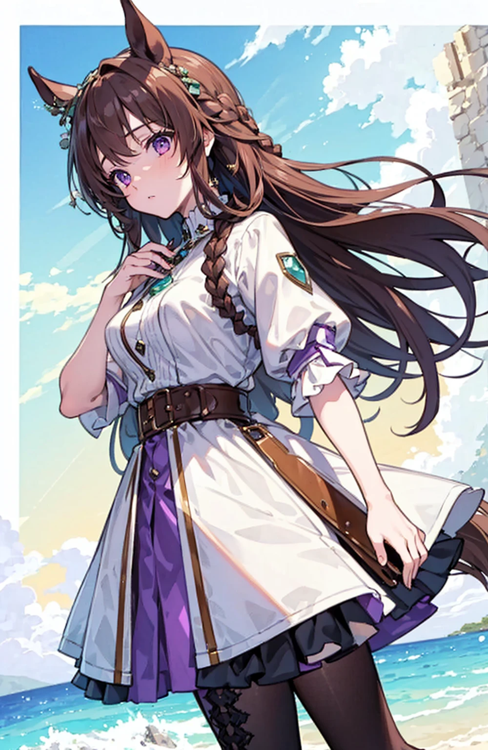 (masterpiece), (best quality), (detailed), Lightweight layer,Brown hair,A beautiful girl,Malta,Horse girl,Second Dimension,Purple Eyes,Manual repair,grace,Gentle,Cool,poet,Green accessories,Princess braids