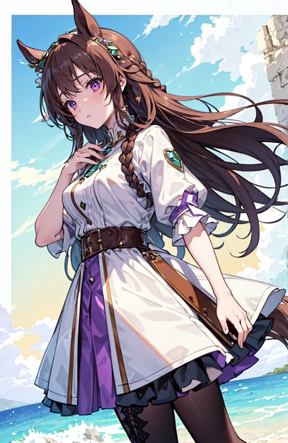 (masterpiece), (best quality), (detailed), Lightweight layer,Brown hair,A beautiful girl,Malta,Horse girl,Second Dimension,Purple Eyes,Manual repair,grace,Gentle,Cool,poet,Green accessories,Princess braids