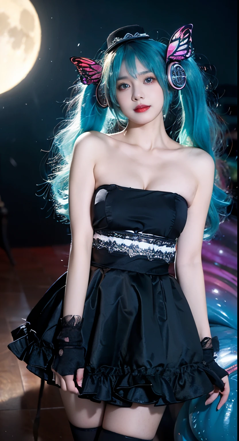 hatsune miku cosplay costume, hatsune miku, cosplay, twintails, aqua hair, very long hair, strapless dress, dress, fingerless gloves, mini hat, butterfly hair ornament, hair ornament, headphones, butterfly headphones, thighhighs, high heels ((Full breasts)), ((The skirt is short)), ((Sexy legs)), ((whole body)), ((I-type Valley)), ((Visible cleavage)), Practical, Fashion Girl, Red lips, Mature women, Exquisite makeup, big eyes, beautiful, (best quality, masterpiece:1.2), Very detailed, (Practical:1.37), ((Random Scenes, Random shooting angle)), ((Sexy long legs)), Young and energetic, Charming model, (Exquisite eyes, Delicate lips), Show a bright smile, Create stunning girl images, warm color, Extremely saturated colors, Official Art, Extremely detailed CG, Unity 8K wallpaper, (High Dynamic Range :1.4), (Movie atmosphere),(Soft colors), (Natural skin texture, ultra-Practical, Soft Light, sharp),(Very detailed), night, moonlight
