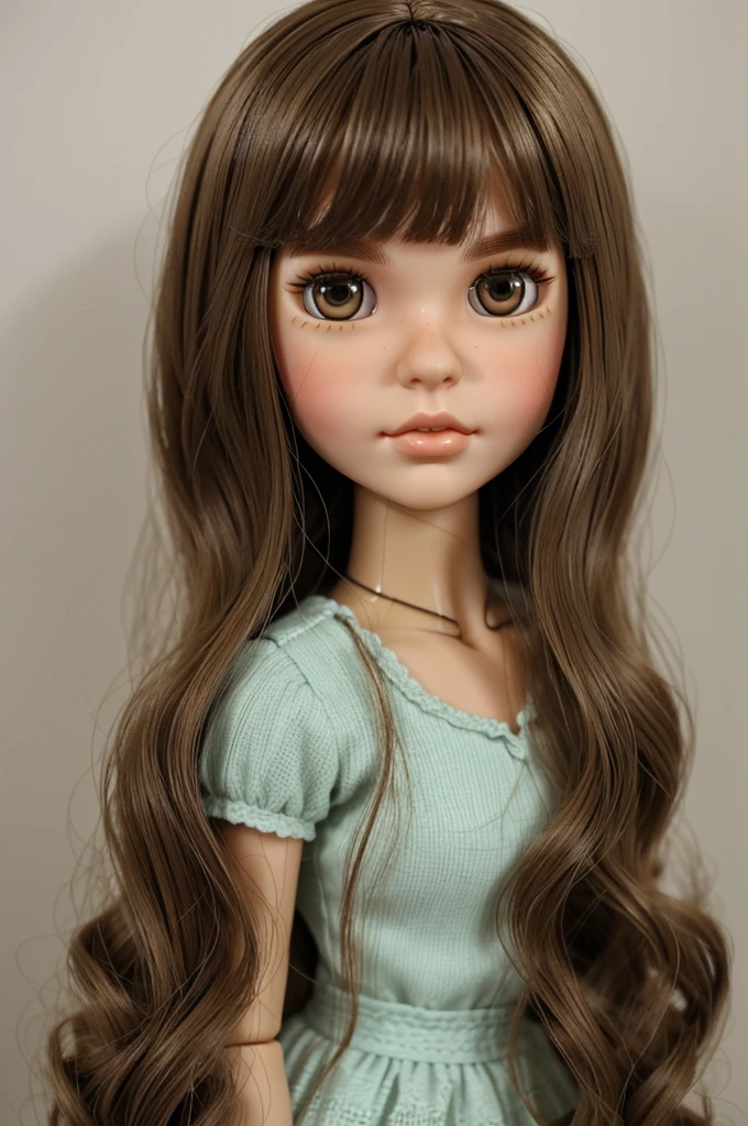 
Blythe doll with side bangs, hazel green eyes slightly drooping, medium to large lips, light complexion and shoulder-length medium-dark brown blonde hair.