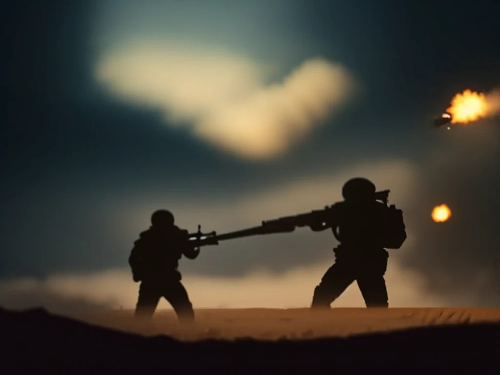 A sniper in an mech-suit with an overly large sniper rifle taking shots at enemies in the distance. you can see the destruction caused by the sniper, explosions, smoke billowing off in the distance. High tech rifle, high tech exo suit