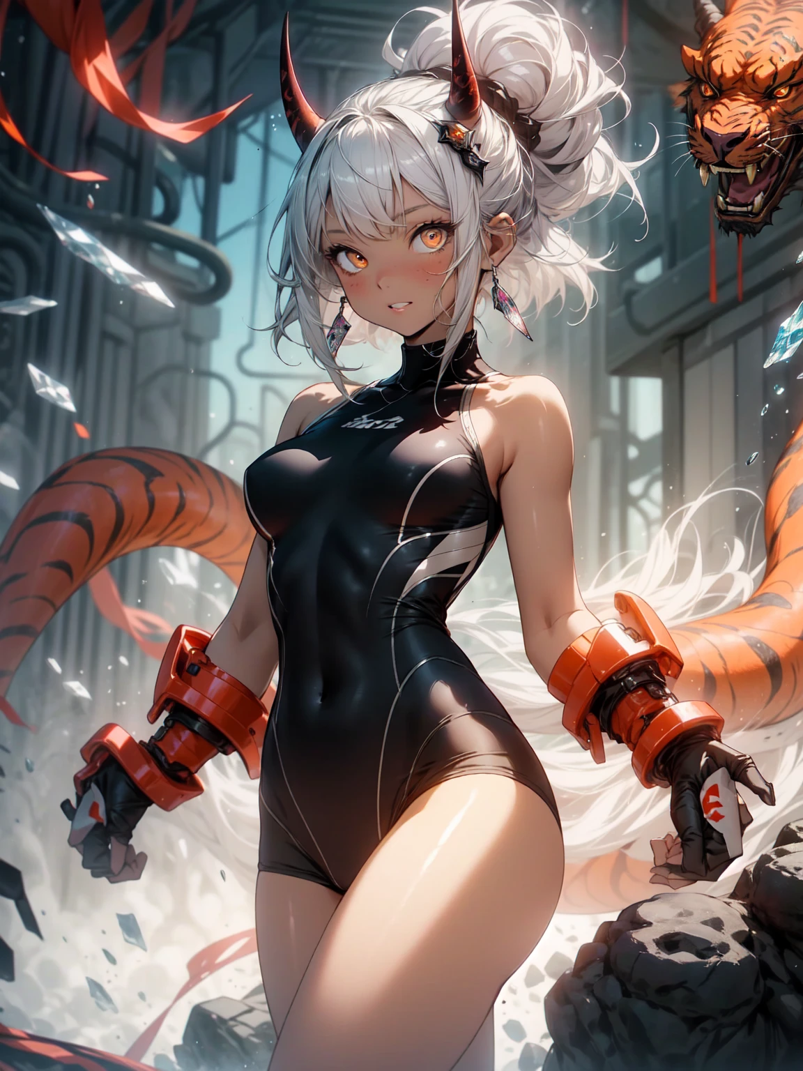 Be realistic,(masterpiece,Highest quality,Highest quality,Very detailed,Fractal Art,Most detailed,(Abstract background:1.5)(1 Girl),Kamimei,(Orange ponytail),(orange eyes light、Big Breasts、Toned Abs,Stunned),Abyss Stick、crystallization、Black competitive swimsuit,leotard、Sexy、Orange Machine Armor、Sunburned skin、Demon Horn、Berserk、mini skirt、