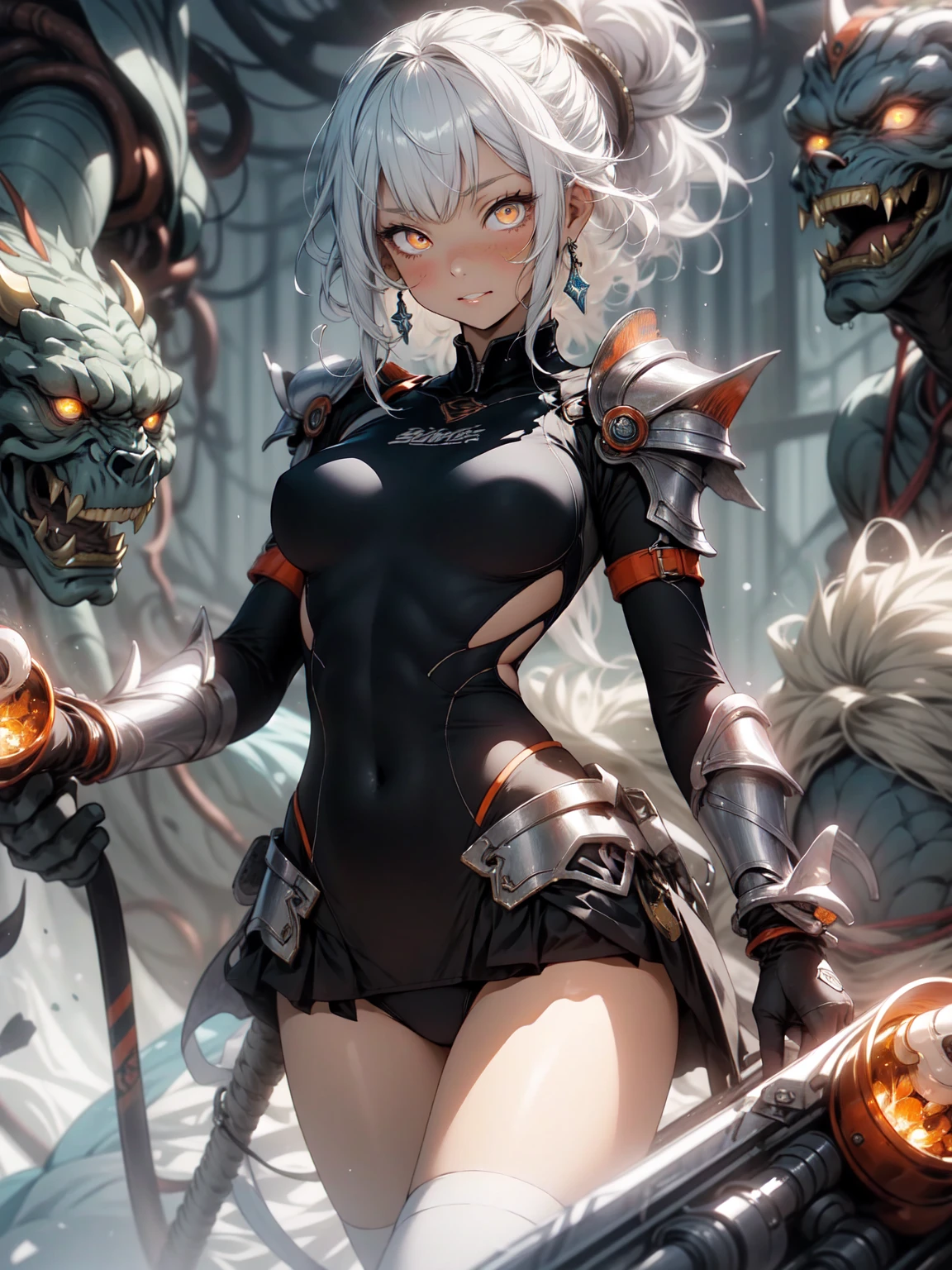 Be realistic,(masterpiece,Highest quality,Highest quality,Very detailed,Fractal Art,Most detailed,(Abstract background:1.5)(1 Girl),Kamimei,(Orange ponytail),(orange eyes light、Big Breasts、Toned Abs,Stunned),Abyss Stick、crystallization、Black competitive swimsuit,leotard、Sexy、Orange Machine Armor、Sunburned skin、Demon Horn、Berserk、mini skirt、