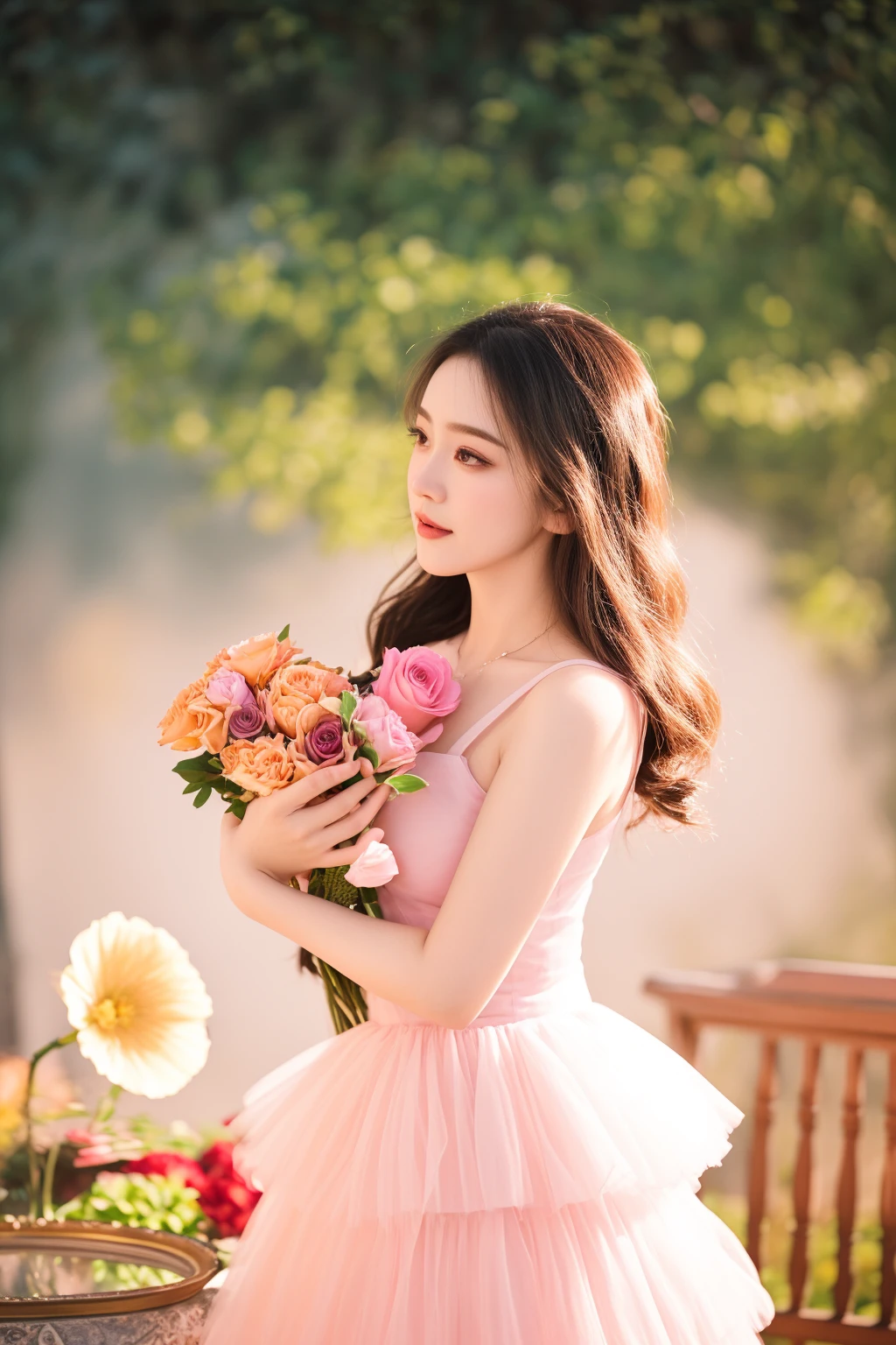 there is a woman in a pink dress holding a bouquet of flowers, with flowers, prima ballerina in rose garden, with frozen flowers around her, dilraba dilmurat, photo taken with nikon d750, photo taken with nikon d 7 5 0, holding flowers, lovely woman, lady with glowing flowers dress, beautiful portrait photo, fantasy photoshoot