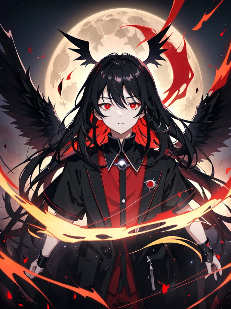 ultra quality, 4K, anime illustration, boy, black clothes with red lines,black hair, scarlet eyes full of hate, dark aura, Very Detail, full moon night, empty city, gazing at viewer, floating eyes with wings of blood.