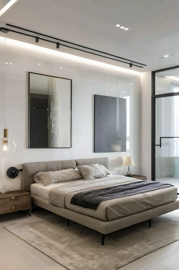 Raw photo,Masterpiece, high quality, best quality, authentic, super detail, indoors, interior ,BED room, modern style, daylight, (WHITE WALL), (((the right corridor ))), mezzanine floor, glass door.