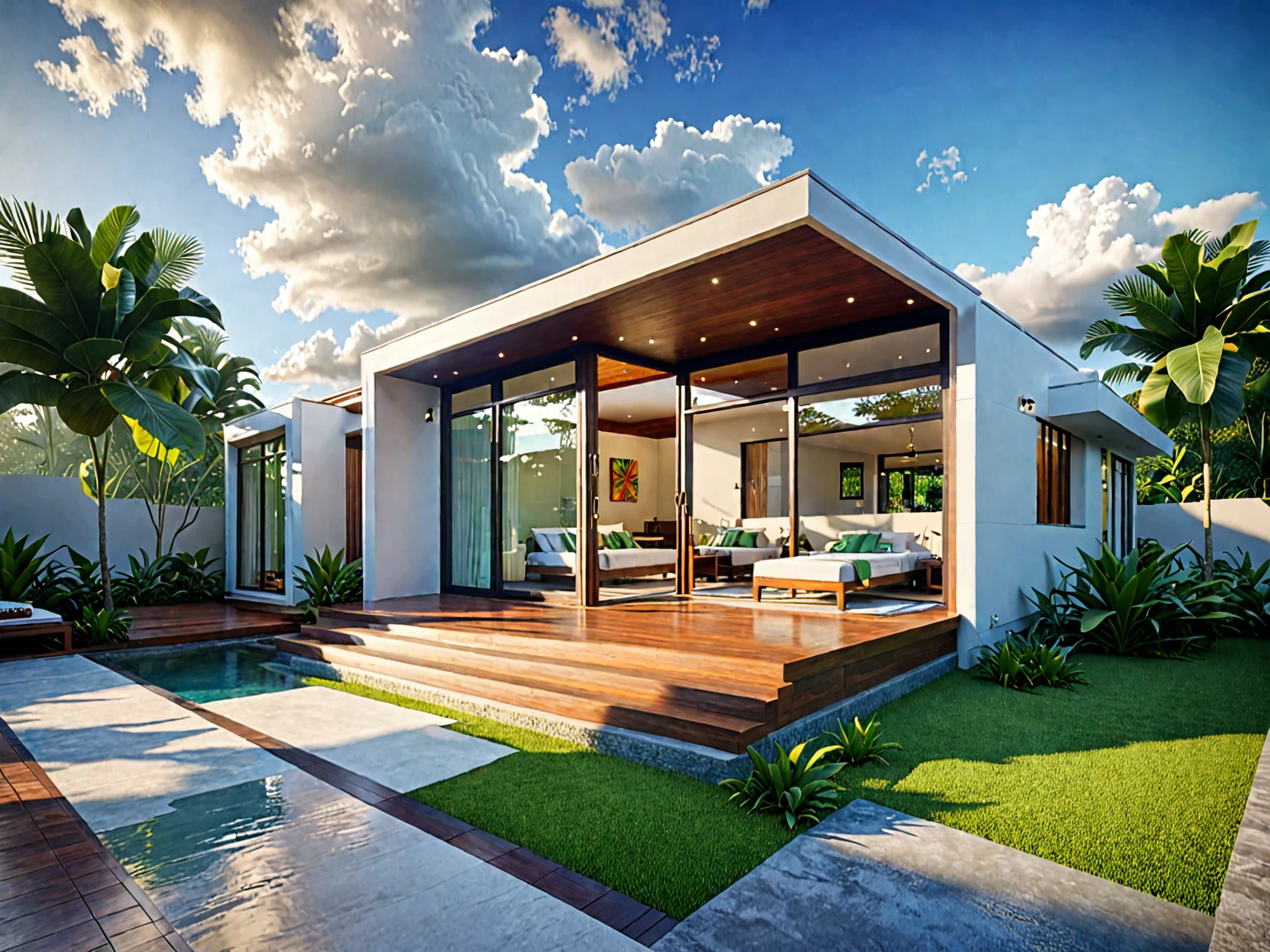 exterior of house, modern style, nice tropical landscape, morning, sky, few cloud, realistic, high quality, masterpiece