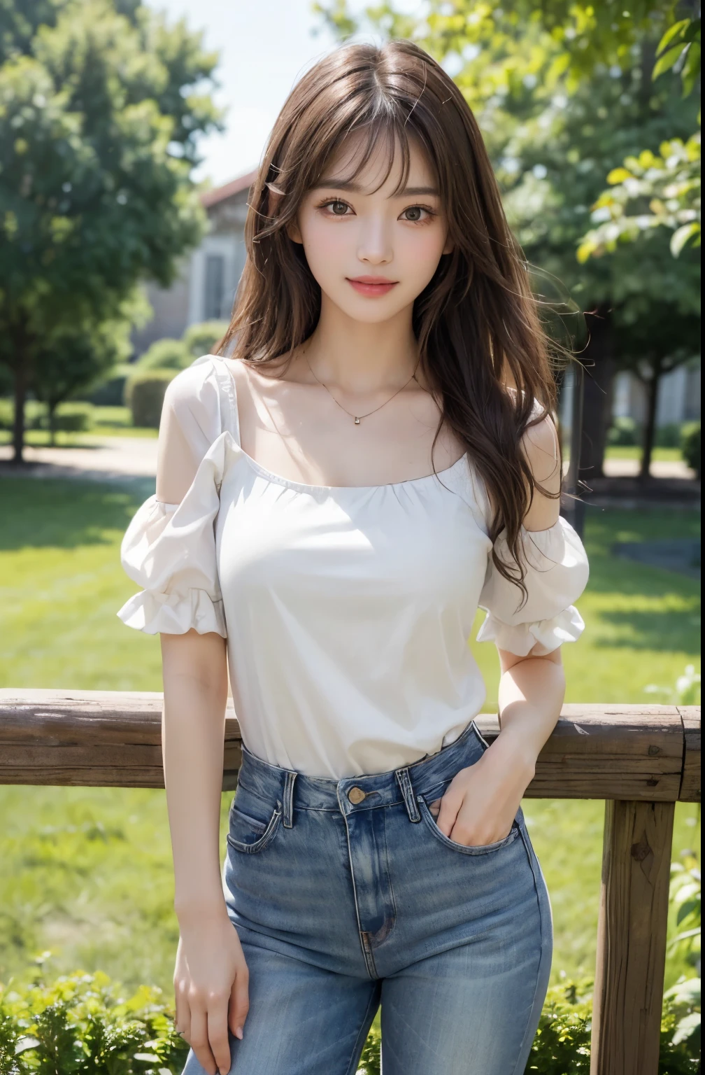 ((masterpiece: 1.3),8K, Realistic, RAW Photos, Highest quality: 1.4), (One Girl), beautiful顔, (Realistic Face), (Brown long hair: 1.3), (((Morning Park)),beautifulヘアスタイル, (bangs), (smile), Brown Eyes、smile, Realistic eyes, Gloss, highlight, highlight in the Eyes, eyelash, 目の中のbeautifulディテール, (Realistic Skin), (((Full Body Shot、White Puff Sleeves、Short jeans)))、beautiful肌, Transparency、(beautiful)、 bust, smile, teeth, Confused, charm, 超High resolution, Ultra-realistic, High resolution, Golden Ratio, Clear eyes, Wet, Mole, Looking into the camera, ear, Shine, Long neck, double eyelid, Big eyes, cheek, kind character, charm personality, kind, Move, 圧倒的なcharm, bright personality