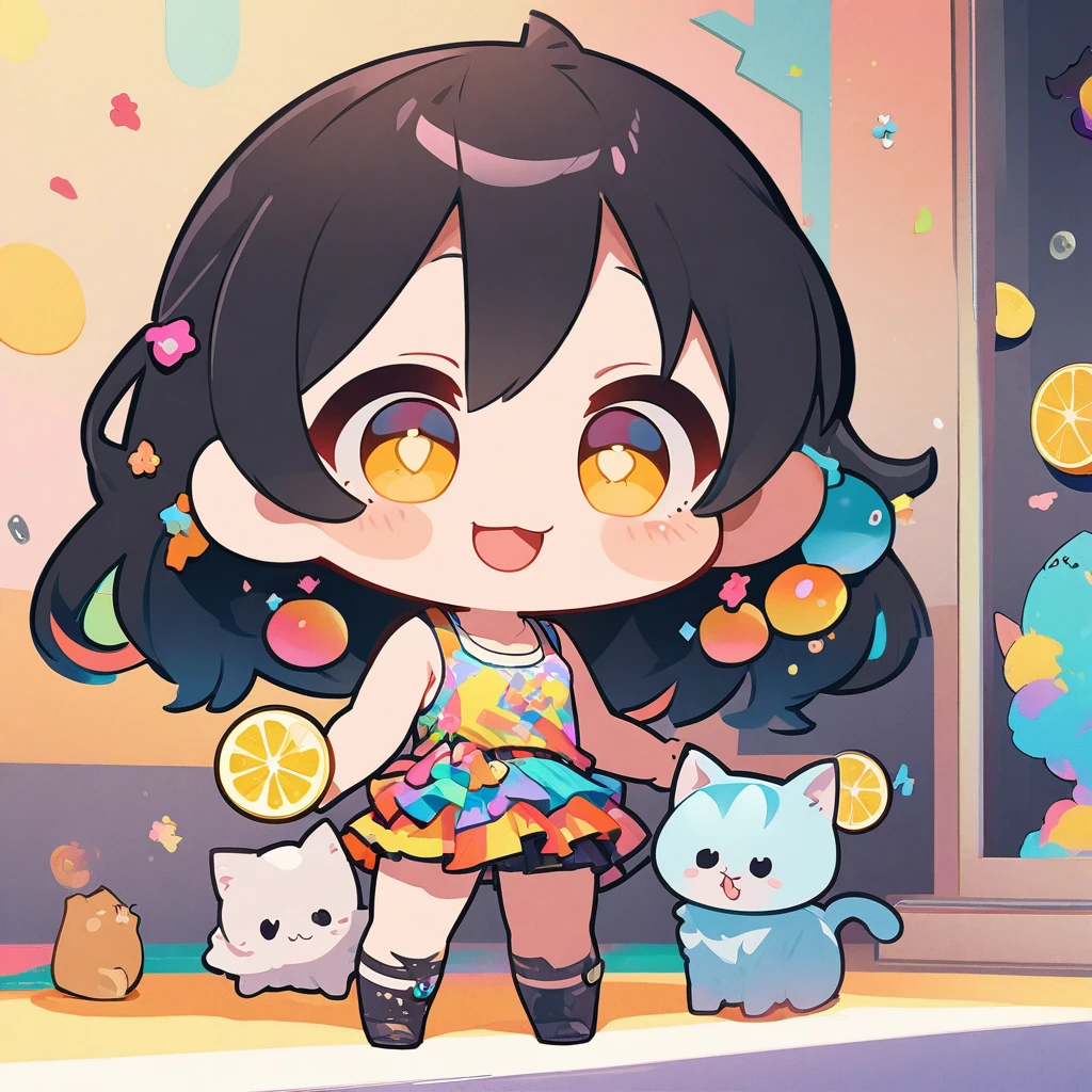 masterpiece、Highest quality、Depth of subject、２D illustration、1 beautiful girl、独奏, (((chibi style)))、Long, beautiful hair、Shiny black hair、cute、Beautifully detailed eyes、((Tank top))、a glass of lemon soda, ((colorful))、mini skirt、((happy smile))、((kitten cluster)), ((full body shot))、((in the room))、((There&#39;s a lot of pink around))、Thighs、((vivid color))、sparkle、((Lens flare))、