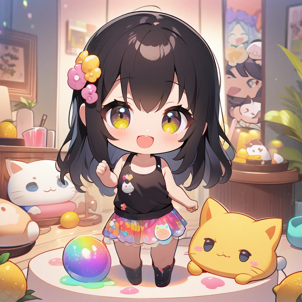 masterpiece、Highest quality、Depth of subject、２D illustration、1 beautiful girl、独奏, (((chibi style)))、Long, beautiful hair、Shiny black hair、cute、Beautifully detailed eyes、((Tank top))、a glass of lemon soda, ((colorful))、mini skirt、((happy smile))、((kitten cluster)), ((full body shot))、((in the room))、((There&#39;s a lot of pink around))、Thighs、((vivid color))、sparkle、((Lens flare))、