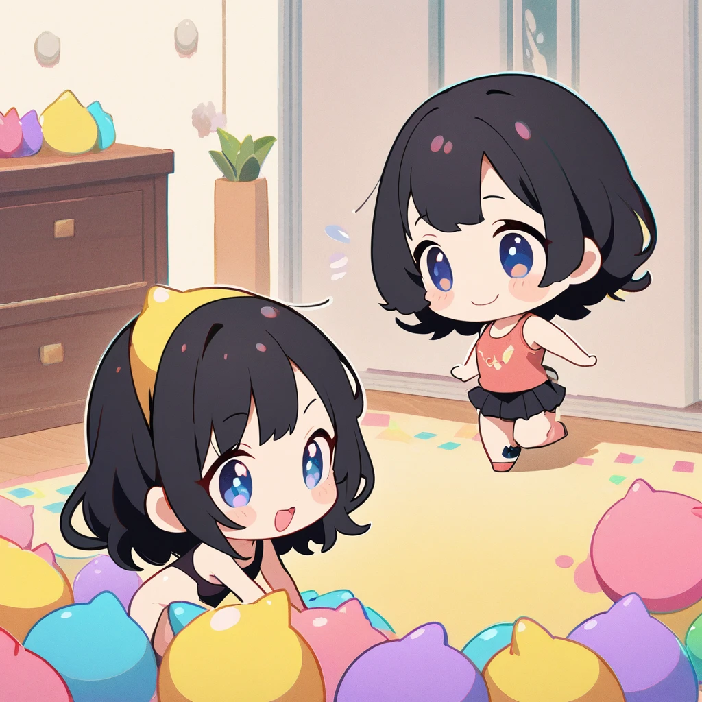 masterpiece、Highest quality、Depth of subject、2D illustration、1 beautiful girl、独奏, (((chibi style)))、Long, beautiful hair、Shiny black hair、cute、Beautifully detailed eyes、((Tank top))、a glass of lemon soda, ((colorful))、mini skirt、((happy smile))、((kitten cluster)), ((full body shot))、((in the room))、((There's a lot of pink around))、Thighs、((vivid color))、sparkle、((Lens flare))、