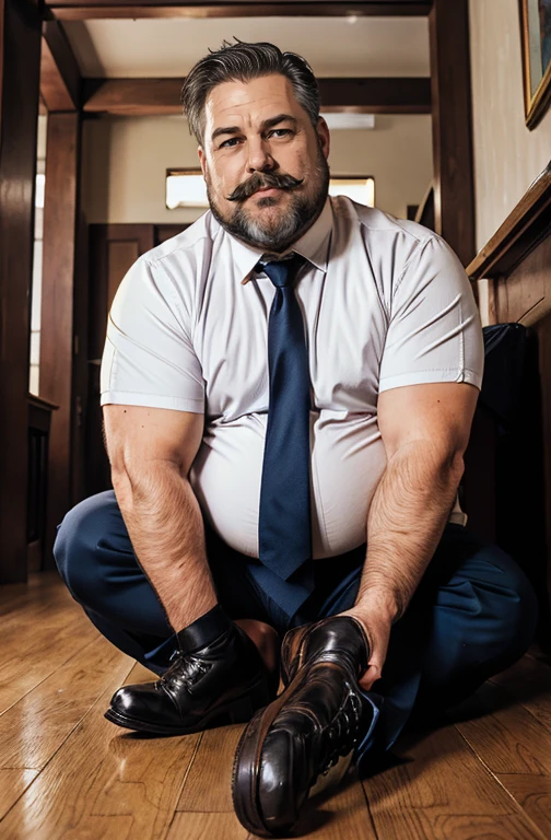 (handsome mature man plump chubby morbid extremely thick thighs bulging belly fat), older man, gray hair, white man, ( wearing,boots,stubble,police chief,bage,beard,old man,indoors,necktie,sitting,spread legs,), bulge, detailed glade on clothing, (fat and corpulent: 1.3), full beard very long, looking at the viewer, handsome man, detailed eyes, symmetrical face, mischievous smile, robust, mustache, longer hair, his body is lying sideways on the floor, front view. Fotografia dinâmica. Sentado na cadeira de chefe.
