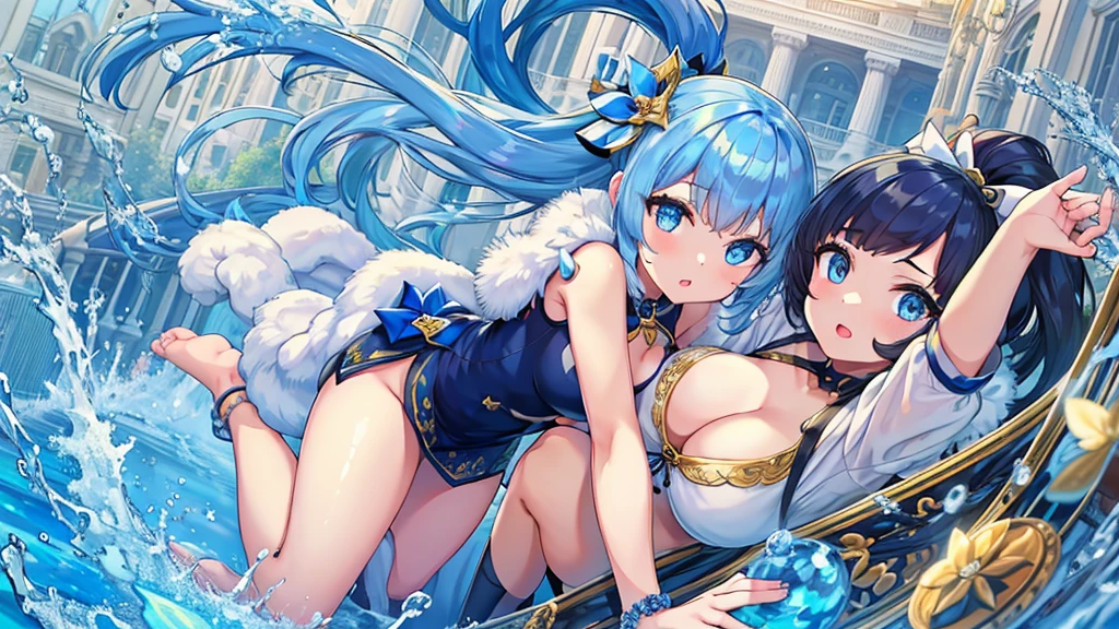 Masterpiece、Highest quality、Super detailed、1 girl、(Big Tits)、Fluffy and soft long hair、Blue Eyes、Cleavage、Navy Blue Hair、Idol、ribbon、In town