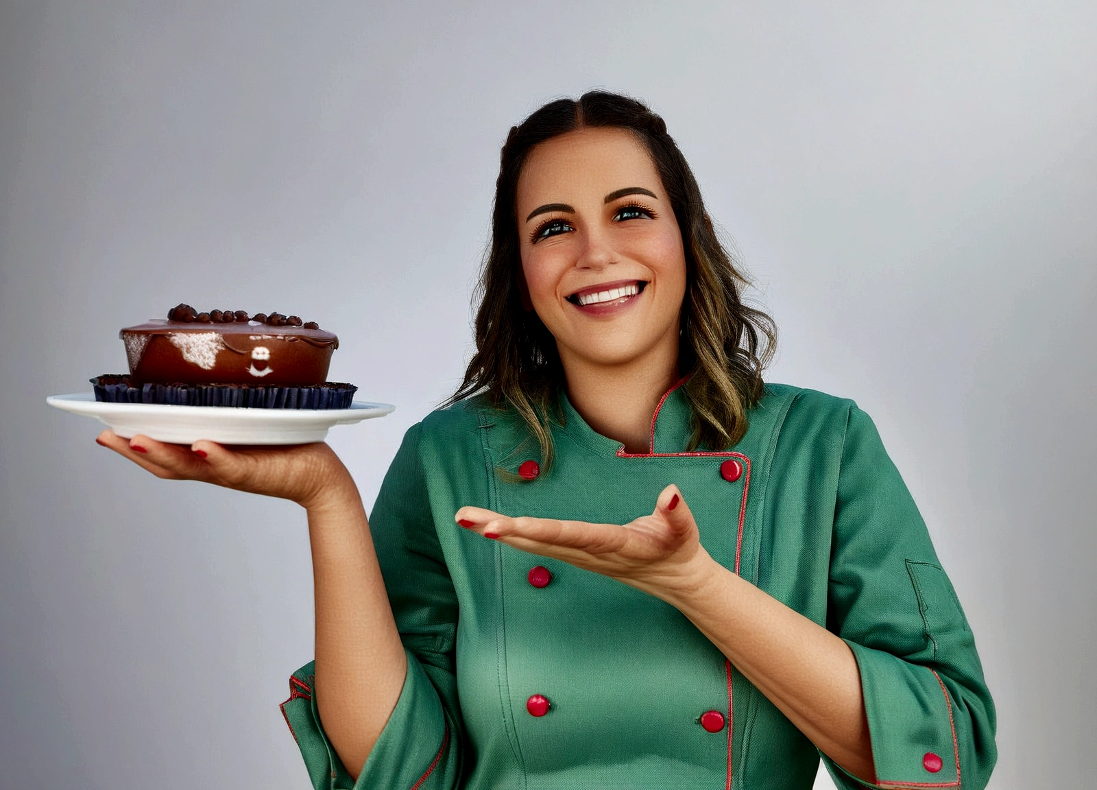 Smiling woman illustration, insane smile, LIGHT-skinned WOMAN with a giant smile, smiling happily at the camera, holding a plate with cake in hand, drawing in 3D Art style, C4D, pure white color background, Disney  style, pixar style render illustration Super Detail, 8K