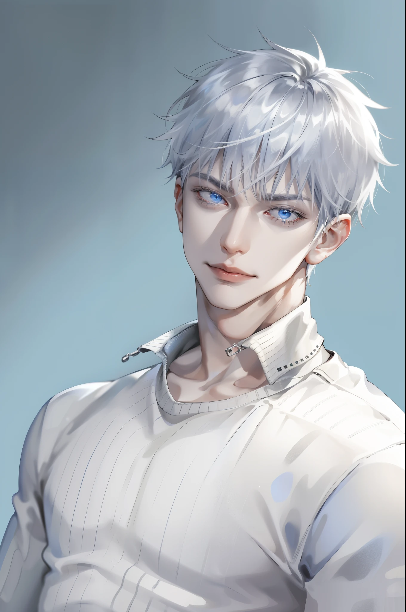 Boy, silver hair, blue eyes, serious sharp features, white skin, shiny lips, handsome, perfect, sweater