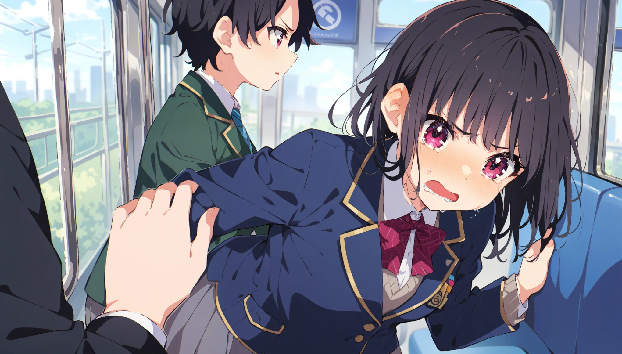 A middle-aged molester is touching the lower body of a crying girl with short black hair and small breasts, wearing a blazer and uniform, who is standing upright on the train.