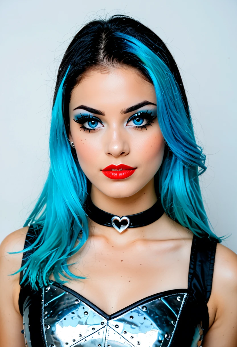epiCPhotoGasm-colorfulPhoto, score_9, score_8_up, score_7_up, , raw, photo, realistic, 1girl, andrea, 1girl, makeup, eyeshadow, freckles, light blue hair, long hair, multicolored hair, gothicstyle, (full body), gothic body armor, goth accessories, goth makeup, beautiful eyes, bright colors, high contrast, vivid lighting,, zPDXL2, high saturation