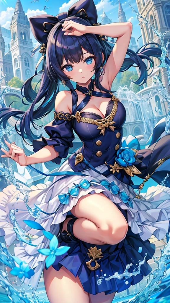 Masterpiece、Highest quality、Super detailed、1 girl、(Big Tits)、Fluffy and soft long hair、Blue Eyes、Cleavage、Navy Blue Hair、Idol、ribbon、In town