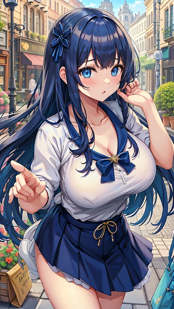 Masterpiece、Highest quality、Super detailed、1 girl、(Big Tits)、Fluffy and soft long hair、Blue Eyes、Cleavage、Navy Blue Hair、Idol、ribbon、In town